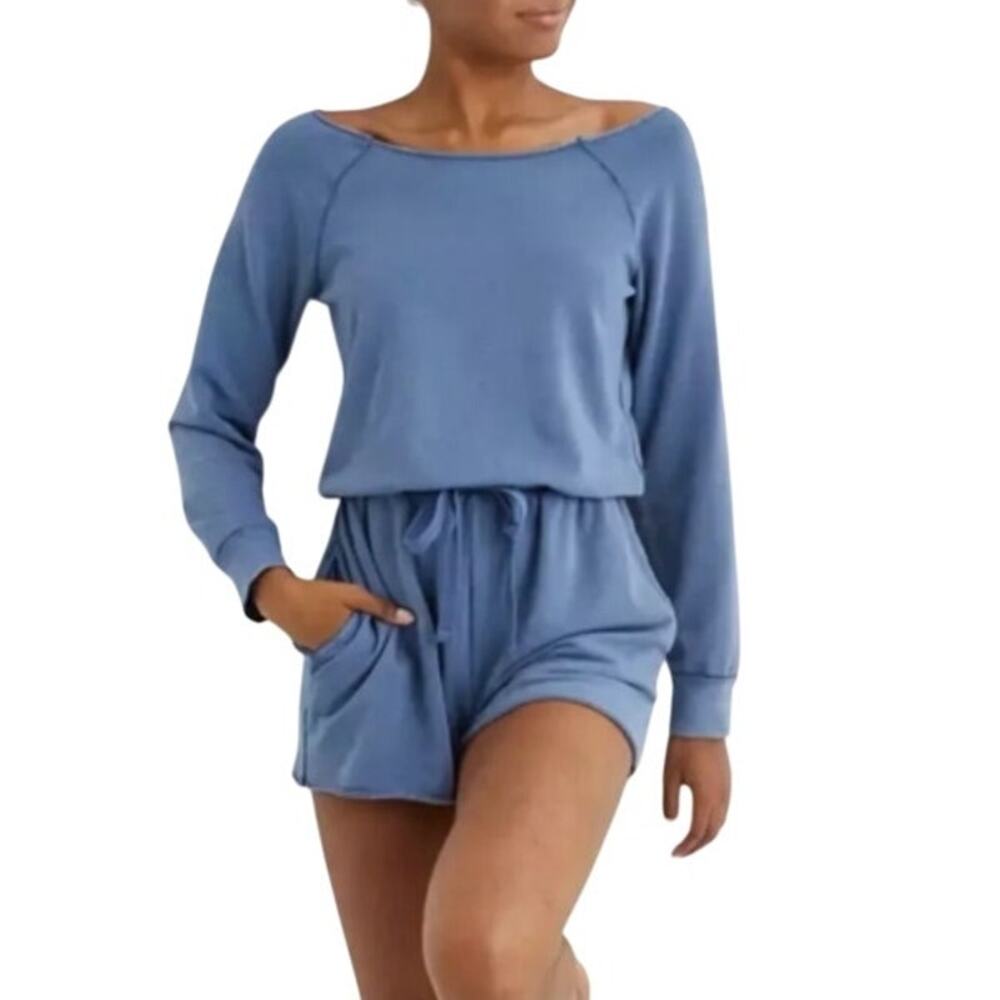 Aerie Long Sleeve Scoop Neck Lounge Romper L NEW Blue Comfort Lounge